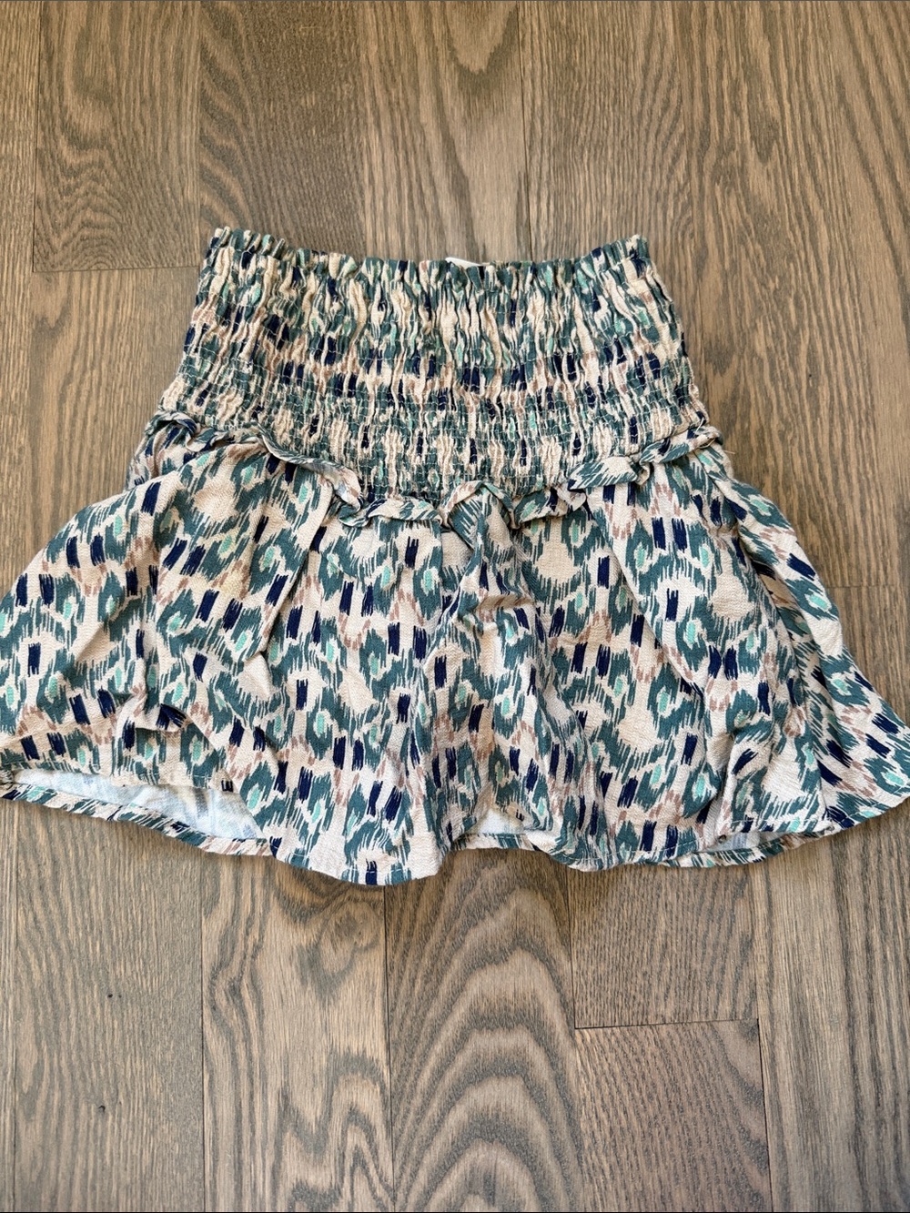 Zara Teal Navy Cream Smocked Mini Skirt
